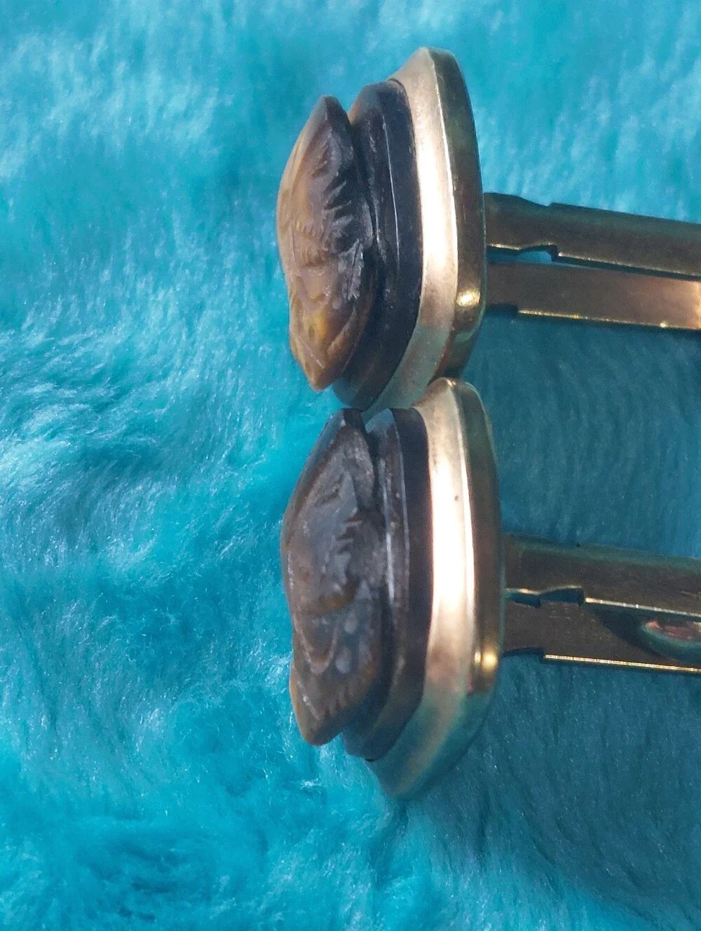 Vintage 3-Pc Mid-Century Tiger Eye Cameo Roman Soldier Cufflinks 12K Gold Filled